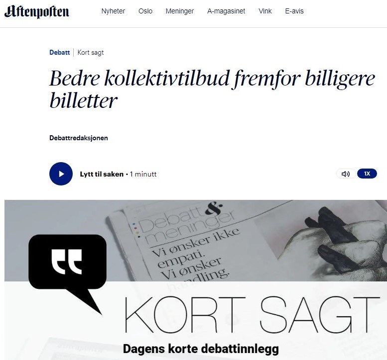 Bildet viser en skjermdump av debattinnlegget på Aftenposten sin nettside