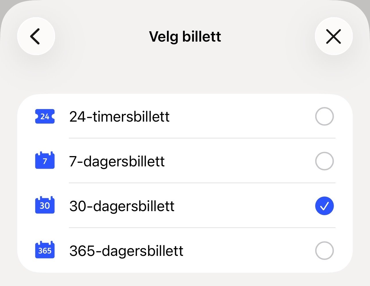 Bilde av ulike billettyper man kan velge: 24-timersbillett til for ett år