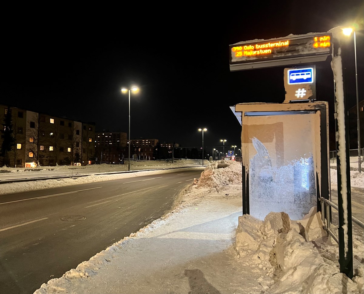 Bildet viser et busstopp dekt av snø