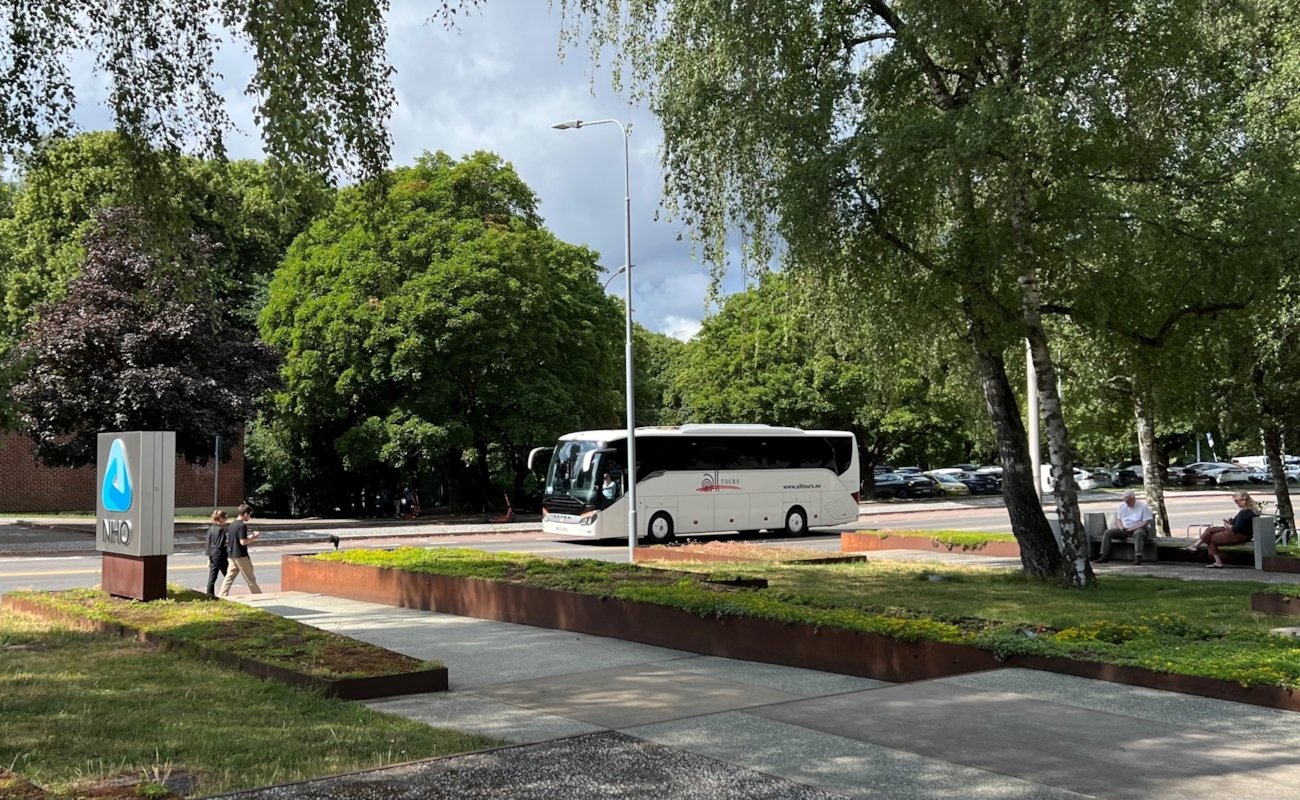 Bildet viser en buss og grønne trær